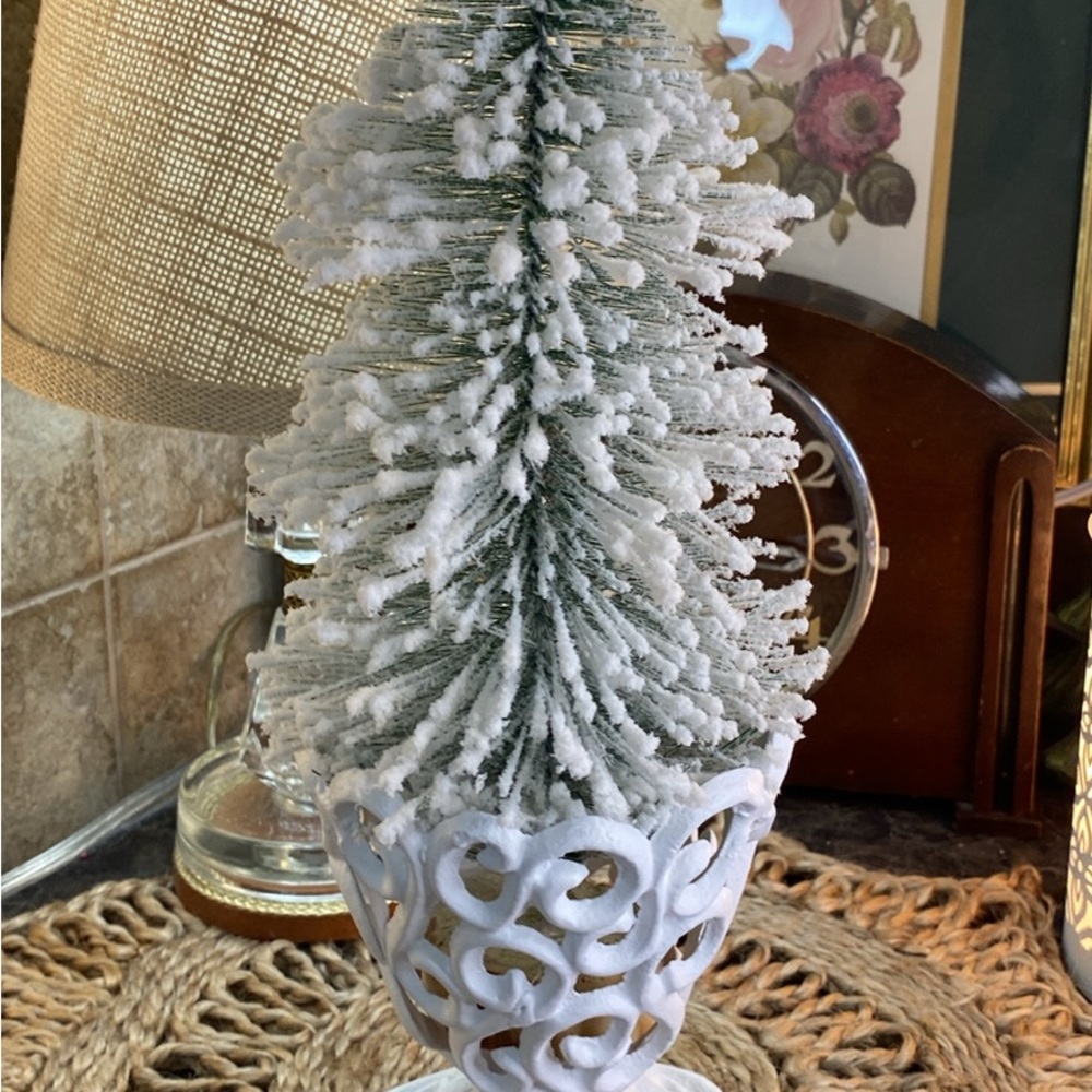 Snowy White Holiday Tree in Vintage Cast Iron Holder
